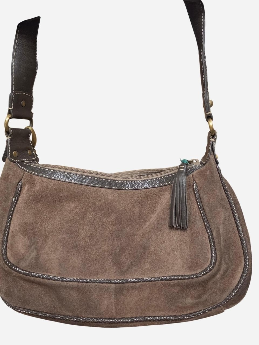 Abro Genuine Leather Suede Shoulder Bag with Tassel Accent in Taupe Brown